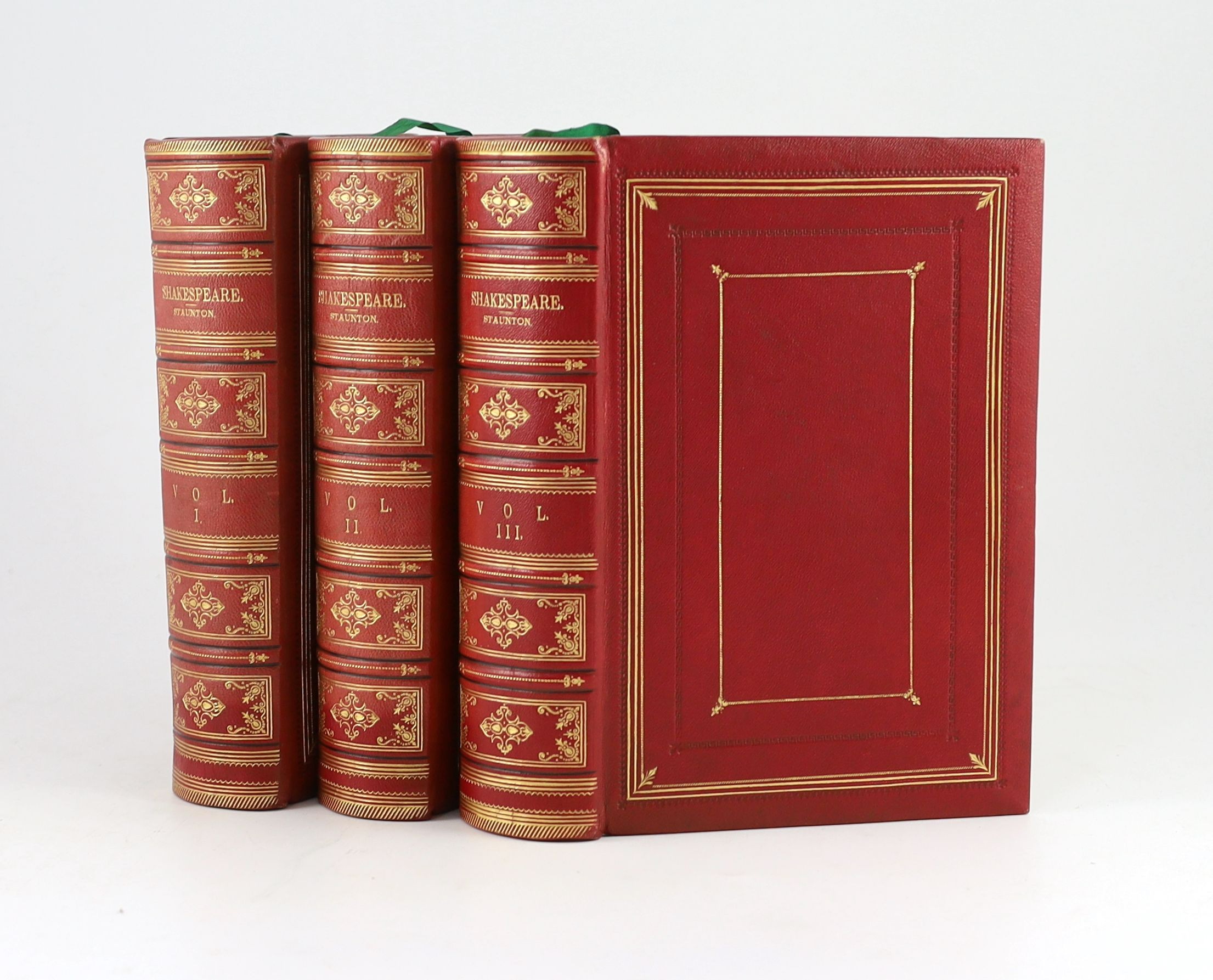 Shakespeare, William - The Works of Shakespeare, edited by Howard Staunton, 3 vols, 4to, red morocco gilt, with illustrations by Sir John Gilbert, A.R.A., engraved by the brothers Dalziel, George Routledge and Sons, Lond